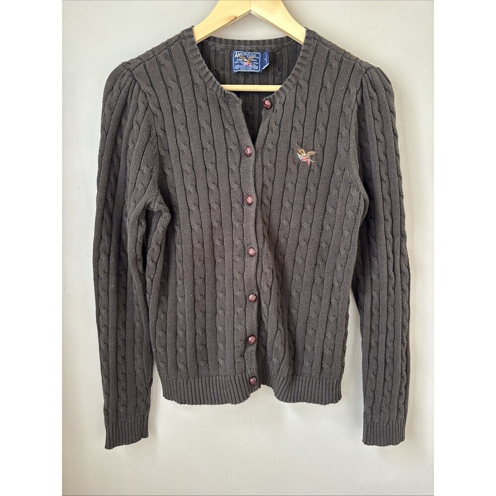 American Living Cable Knit Cardigan Womens Brown Eagle Logo Sweater Small